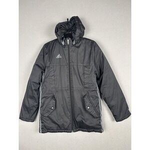 Adidas Jacket Youth 11-12Y Med Black Hooded Puffer Zip Winter Lined Coat Soccer